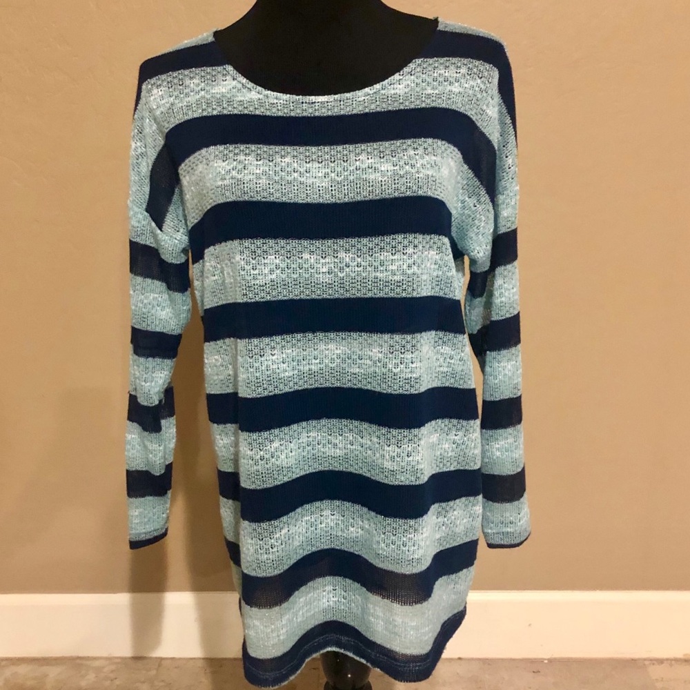 Bobeau Navy and Mint striped Pullover (M)